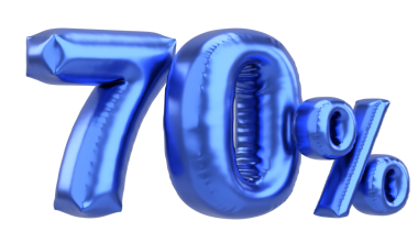 Yüzde yetmiş. % 70 balon mesajı. 3B illüstrasyon.