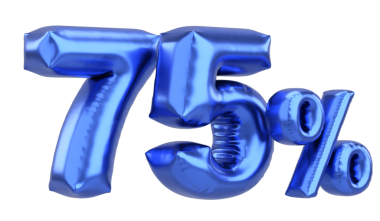 Yüzde yetmiş beş. % 75 balon mesajı. 3B illüstrasyon.