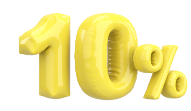 Yüzde on. % 10 balon mesajı. 3B illüstrasyon.