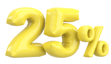 Yüzde yirmi beş. % 25 balon mesajı. 3B illüstrasyon.