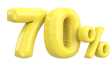 Yüzde yetmiş. % 70 balon mesajı. 3B illüstrasyon.