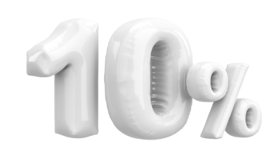 Yüzde on. % 10 balon mesajı. 3B illüstrasyon.