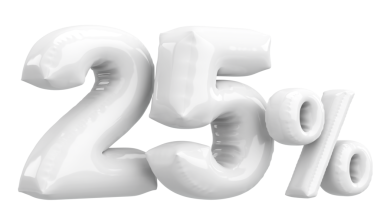 Yüzde yirmi beş. % 25 balon mesajı. 3B illüstrasyon.