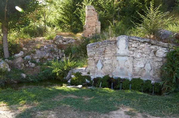Civica Brihuega 一个宁静的喷泉 喷口低 墙壁植被丰富 — 图库照片