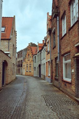 Bruges 'deki pitoresk bir kaldırım taşı caddesinde şehrin büyüleyici, tipik ev mimarisi sergileniyor.