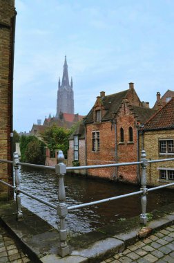 30-10-2014 Bruges, Belçika - Bruges ikonik evleri, katedrali ve kanalı gösteren panoramik bir manzara, mimari cazibesini sergiliyor