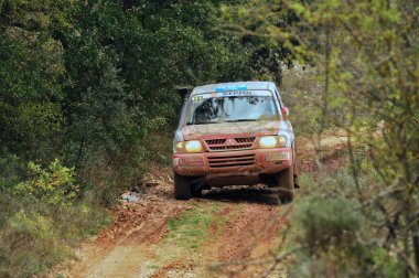 08-11-2014 Brihuega, İspanya - 2014 Rally TT Guadalajara sırasında Brihuega 'dan bir araç hızla geçiyor