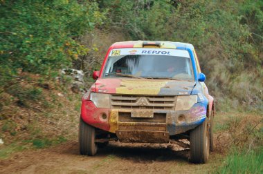 08-11-2014 Brihuega, Spain - A vehicle speeds through Brihuega during the 2014 Rally TT Guadalajara clipart