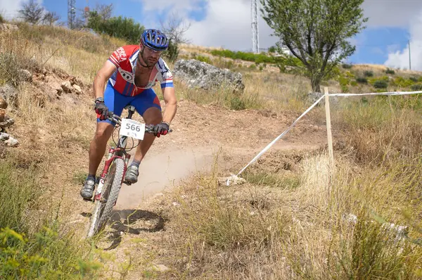 03-08-2014 Brihuega, İspanya - Bisikletçi Brihuega 'daki MTB yarışında kuru ve sıcak bir günde yokuş aşağı kayıyor