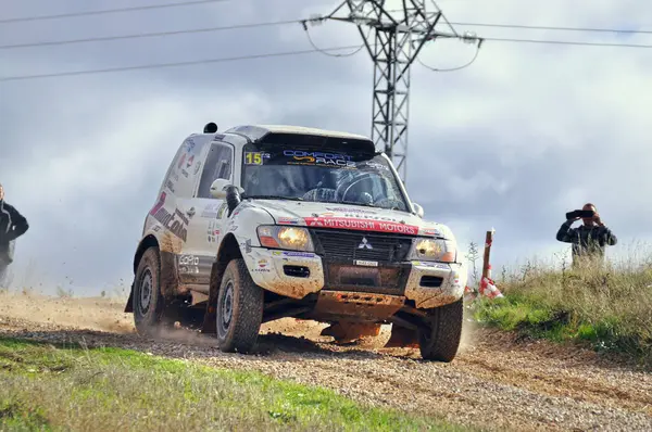 stock image 09-11-2014 Trijueque, Spain - A vehicle speeds through Trijueque during the 2014 Rally TT Guadalajara