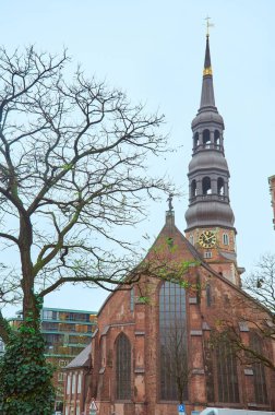 Altın detayları olan kırmızı tuğlalı katedral ön planda sarmaşıklarla çevrili bir ağaçla uzun duruyor.