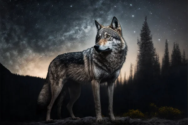 Wolf on the background of the starry sky.