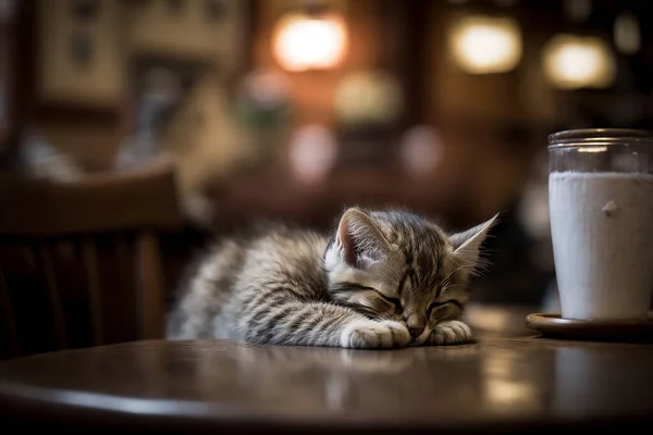 Słodki Kotek Spać Domu Stole — Zdjęcie stockowe