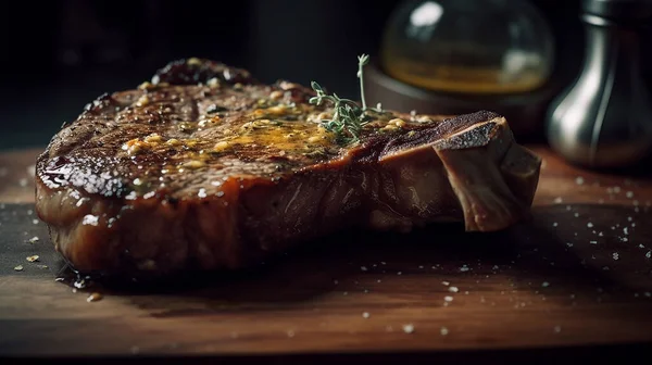 stock image Grilled ribeye beef steak, herbs and spices. Top view with copy space for your text