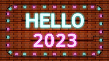 Merhaba 2023 illüstrasyon mavi ve pembe renkli ve ampuller tuğla duvar arkasında izole edilmiş. Yeni yıl kutlaması, dilekler ve dekorasyon konsepti.