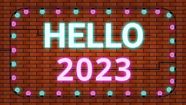 你好2023图片蓝色和粉红色与灯泡隔离在砖墙背景 新年庆祝 祝福及装饰的概念 — 图库照片