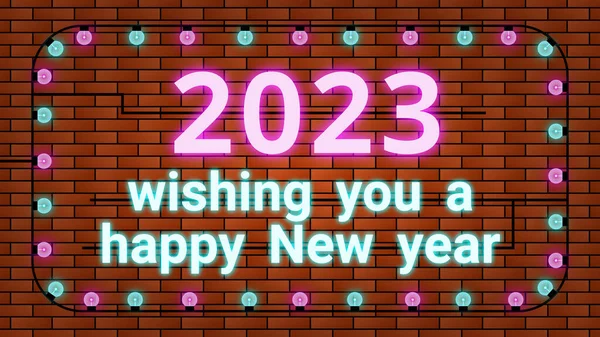 新年祝福图片说明蓝色和粉红色与灯泡隔离在砖墙的背景 新年庆祝 祝福及装饰的概念 — 图库照片