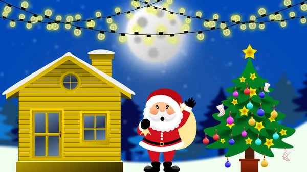 Sfondo Natalizio Con Babbo Natale Casa Albero Natale Decorato Concetto — Foto Stock