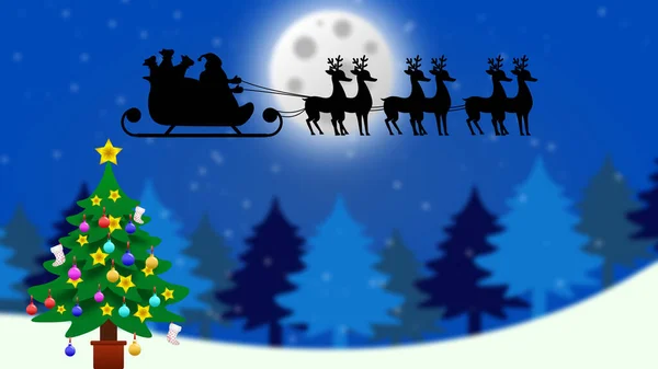 サンタクロースと鹿のクリスマスの背景がぼやけている クリスマスのお祝いイラスト — ストック写真