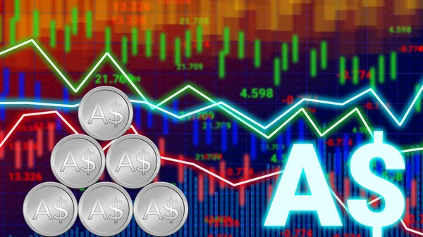 Australian dollar value, rate, stock, information and changing diagram animation with silver coin and blur moving charts.