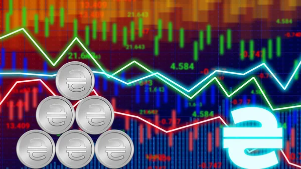 hryvnia value, rate, stock, information and changing diagram animation with silver coin and blur moving charts.