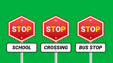Stop school, crossing and bus stop traffic signal illustration on green screen.