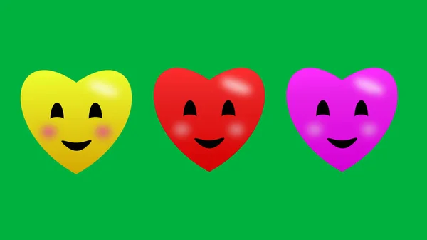 three love, heart and blushing emoji icon isolated on green screen.