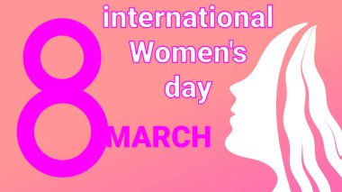 international women's day on 8 March greetings card with white women's face icon.