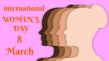 international women's day 8 March with all women's skin colour face icon. creative women's day illustration.