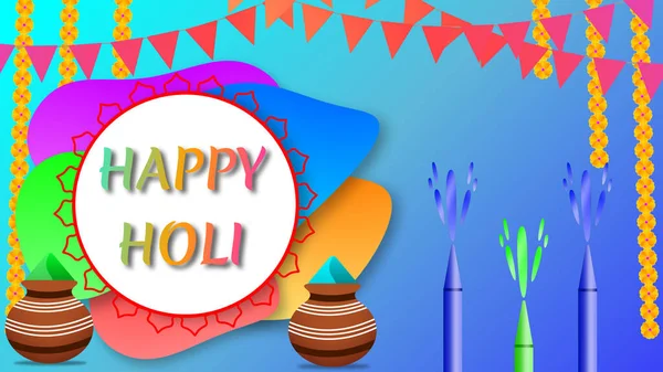 happy holi wishes illustration image with gulal  (colour) pichkari and decorative flowers.