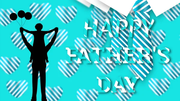 happy father's day illustration with swinging heart, father and son, tie with moving blue stripes background. concept for father's day celebration.