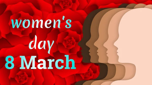 women\'s day 8 March wishes background on red rose flower and face icon.