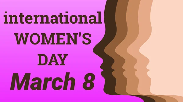 international women's day march 8 with five humans skin colour. greetings concept for all religion women's.