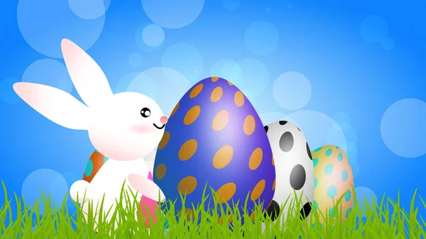 Cute Bunny Holding Big Purple Egg Blue Background — Stock Photo, Image