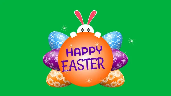 happy Easter word sticker on green screen with decorative eggs and cute bunny.