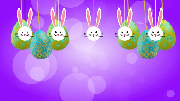 Swinging eggs and cute bunny face background image for Easter holiday.