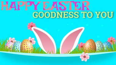 eggs, pink flower, bunny ears and grass concept image for beautiful Easter celebration and greeting background.