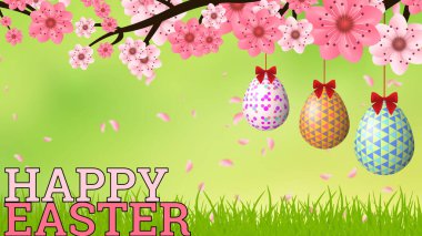 happy Easter concept image with cute bunny and pink flower tree branch isolated on beautiful green background.