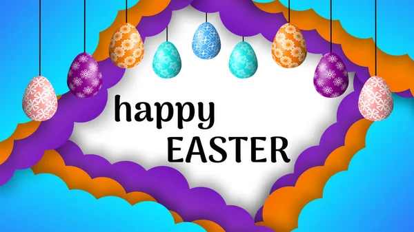 Decoratie Van Paasvakantie Met Kleurrijke Wolken Versierde Eieren Gelukkig Pasen — Stockfoto