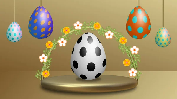 Красивые Украшения Праздника Пасхи Помощью Платформы Качающиеся Яйца Цветы Пасхальное — стоковое фото