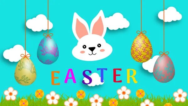 Colorful Easter Text Clouds Hanging Eggs Grass Land Beautiful Easter — Stock Photo, Image
