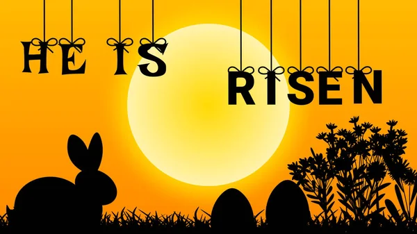Risen Word Hanging Illustration Bunny Grass Eggs Sunrise Time Concept — Stock Photo, Image