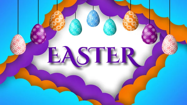 Decoratie Van Paasvakantie Met Kleurrijke Wolken Versierde Eieren Gelukkig Pasen — Stockfoto