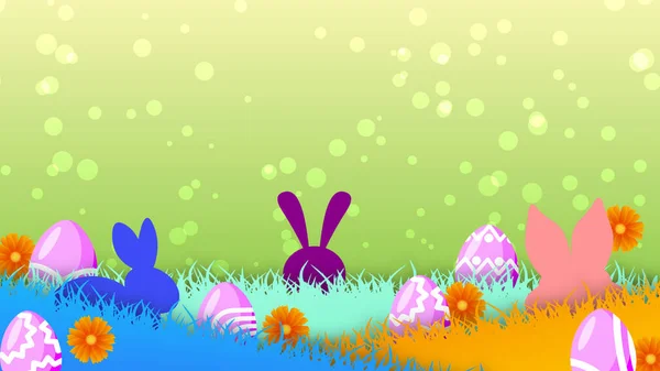 Creative Easter Illustration Using Colorful Grass Eggs Flowers Bunny Happy — Stock Photo, Image