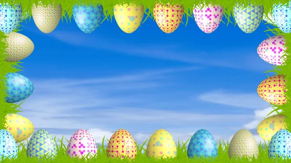 Декоративные Пасхальные Яйца Создающие Красивую Рамку Зеленой Травой Фоне Размытия — стоковое фото