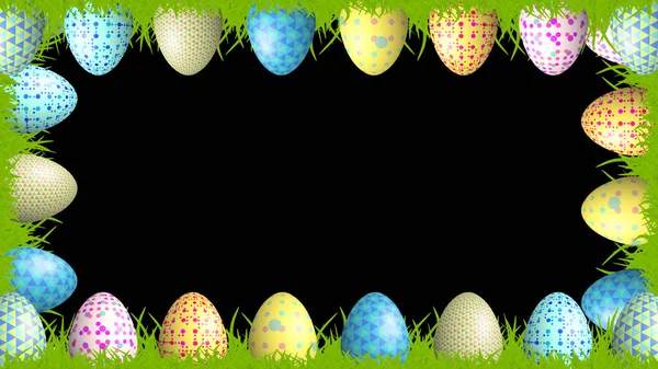 Easter Frame Decorated Beautiful Eggs Grass Black Background Replace Green — Stock Photo, Image