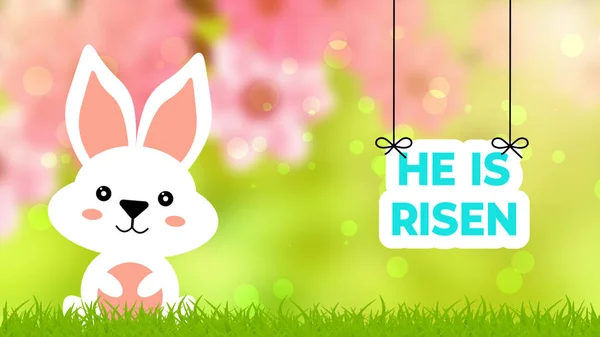 挂着复活节的问候和可爱的兔子绿色模糊的背景 复活节快乐假期的概念 — 图库照片