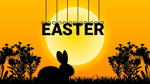 复活节的概念与兔子 花和摆动复活节的问候在日出的时候 复活节庆祝与创意动画 — 图库照片