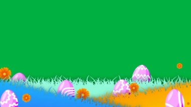 hareketli yeşil ekran arka planı ile tavşan, çiçekler ve çim arazisi