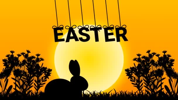 Saludos Pascua Balanceándose Amanecer Con Flores Conejitos Huevos Pasto Tierra — Vídeo de stock